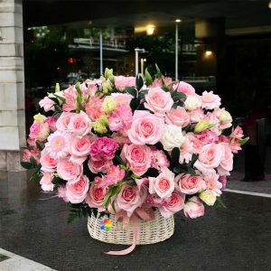Cute pink flower basket sameday delivery